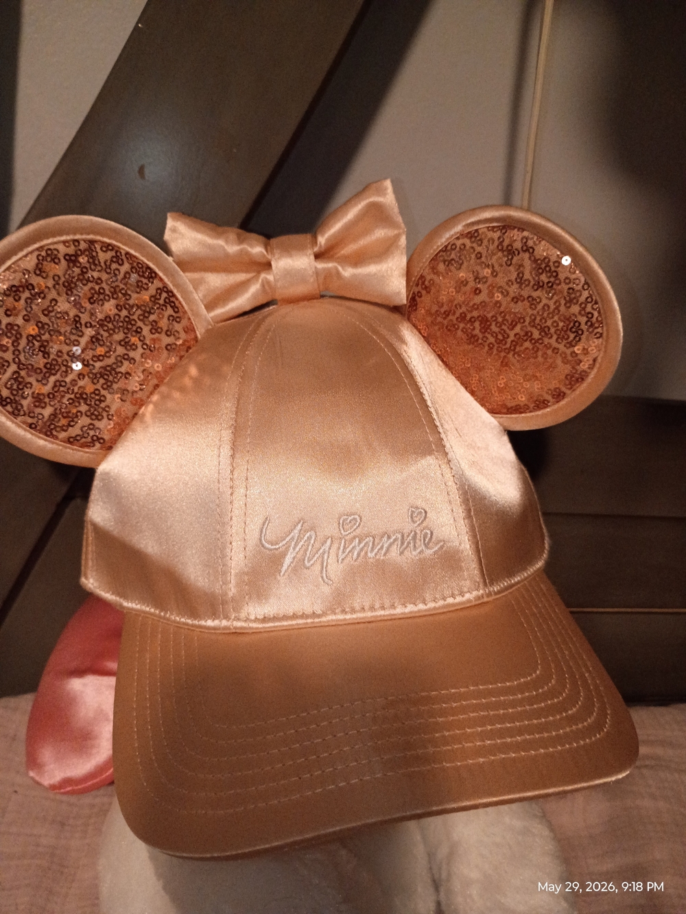 Disney Minnie Mouse Rose Gold Sequin Ear Baseball Hat
